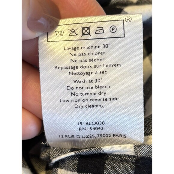 SEZANE Louise Button Up Shirt Black White Gingham 38 Ruffle Cotton Plaid Classic - Picture 10 of 14